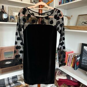 Elegant Black Velvet Dress with Sheer Polka Dot Sleeves